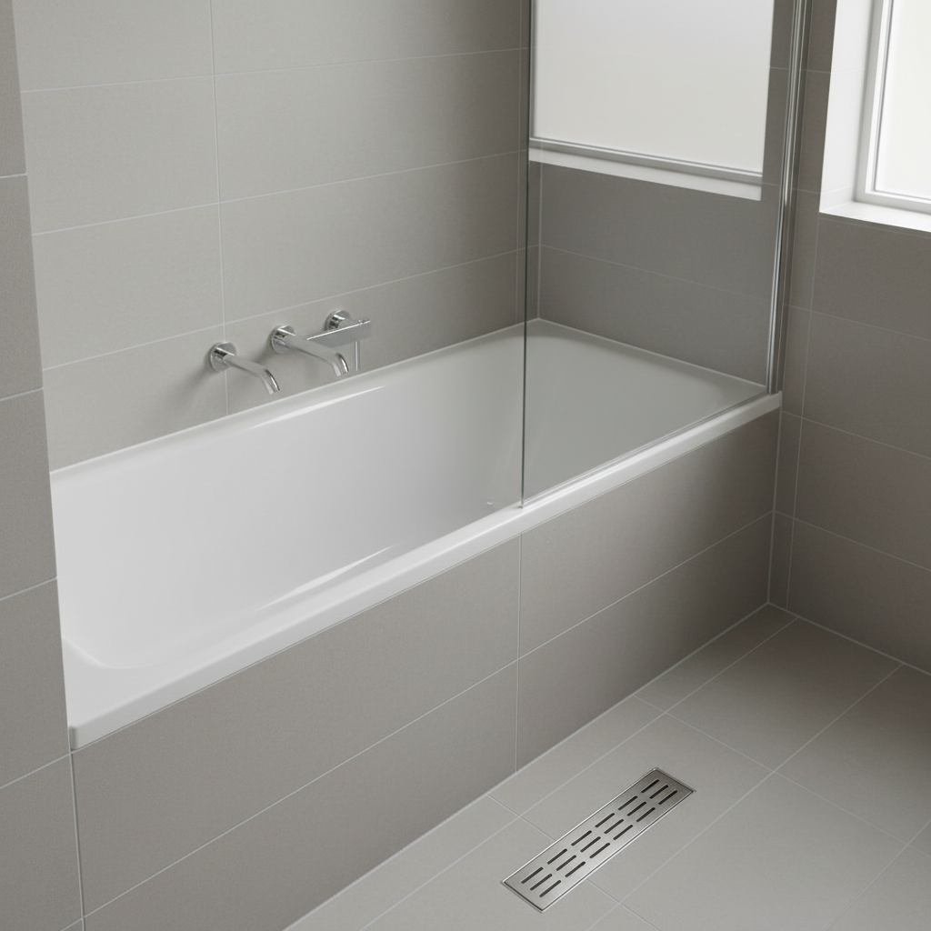 An immaculate modern bathroom interior showcasing high-quality construction and plumbing work, with large matte light-grey tiles on the floor and walls, a built-in white acrylic bathtub with precise silicone edging, and a sleek wall-mounted chrome mixer tap. The glass shower partition is perfectly aligned with polished stainless-steel fittings, and a neatly installed floor drain sits centered in the shower area. Soft diffused daylight filters in from an unseen frosted window, creating gentle reflections on the chrome and subtle shadows along the grout lines. Shot from a slightly elevated corner angle with photographic realism, everything is in crisp focus to highlight workmanship details. The mood is hygienic, professional, and trustworthy, perfectly representing expert plumbing and bathroom renovations.