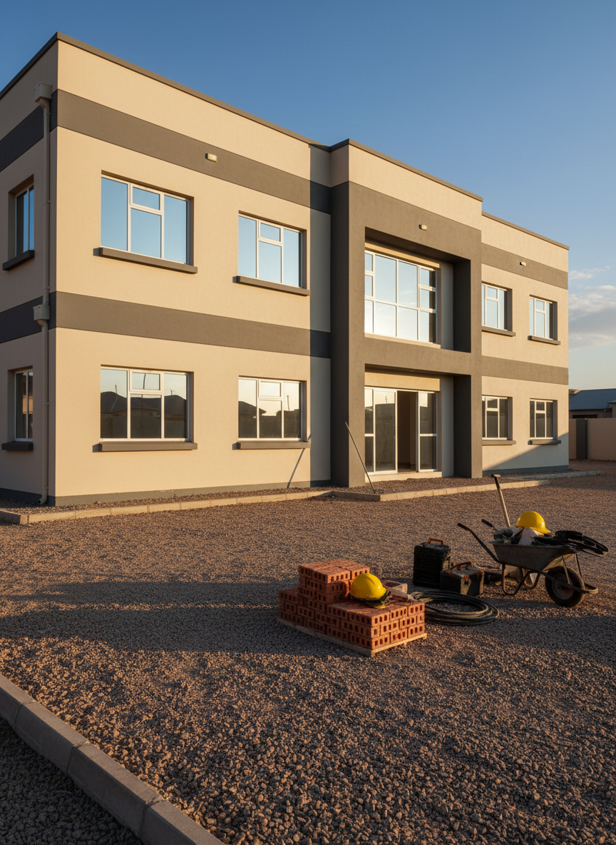 A freshly completed, medium-sized commercial building facade in Windhoek, finished in smooth light-sand plaster with dark grey accent bands and clean aluminium-framed windows. The structure stands on a neatly leveled, compacted gravel forecourt bordered by low concrete curbs. Soft late-afternoon Namibian sunlight washes across the walls, emphasizing crisp edges and casting long, defined shadows. Construction tools, stacked bricks, and neatly coiled cables rest in the foreground, hinting at professional workmanship without cluttering the scene. Captured at eye level with photographic realism and sharp focus throughout, the composition uses the rule of thirds to balance the building against a clear blue sky. The atmosphere feels professional, reliable, and organized, ideal for a general construction company’s homepage hero image.