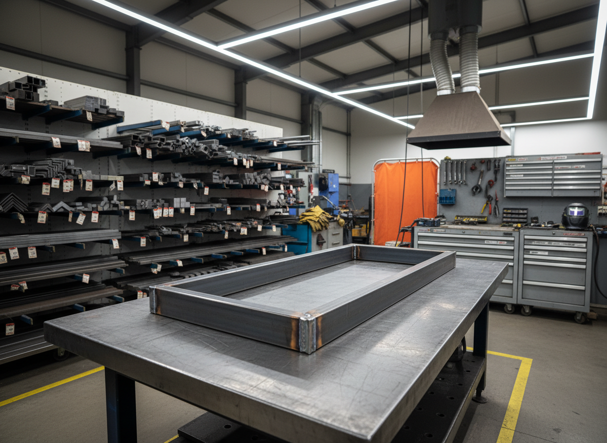 A bright, well-organized workshop interior featuring a heavy-duty steel welding table with a clean, brushed-metal surface, surrounded by neatly stored steel profiles, aluminium sections, and precisely labeled tool cabinets. On the table, a recently welded steel frame glows faintly at the seams, with smooth, uniform weld beads that demonstrate skilled craftsmanship. Overhead LED workshop lights cast even, cool white illumination, creating crisp highlights on metal edges and subtle, controlled shadows beneath the table. A sturdy welding screen and an industrial extractor hood are visible in the background, softly blurred to keep focus on the workpiece. Captured at waist-height level with photographic realism and moderate depth of field, the scene feels technical, efficient, and safety-conscious, ideal for presenting professional welding services.